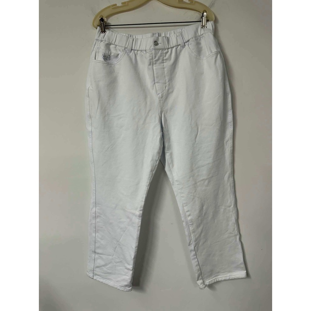 Quacker Factory Women L Short White Pants DreamJeannes Straight Leg Rhinestone